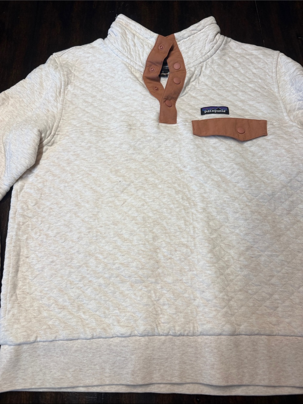 Patagonia Cream Quilted Pullover with Tan Snap Placket - Picture 3 of 7